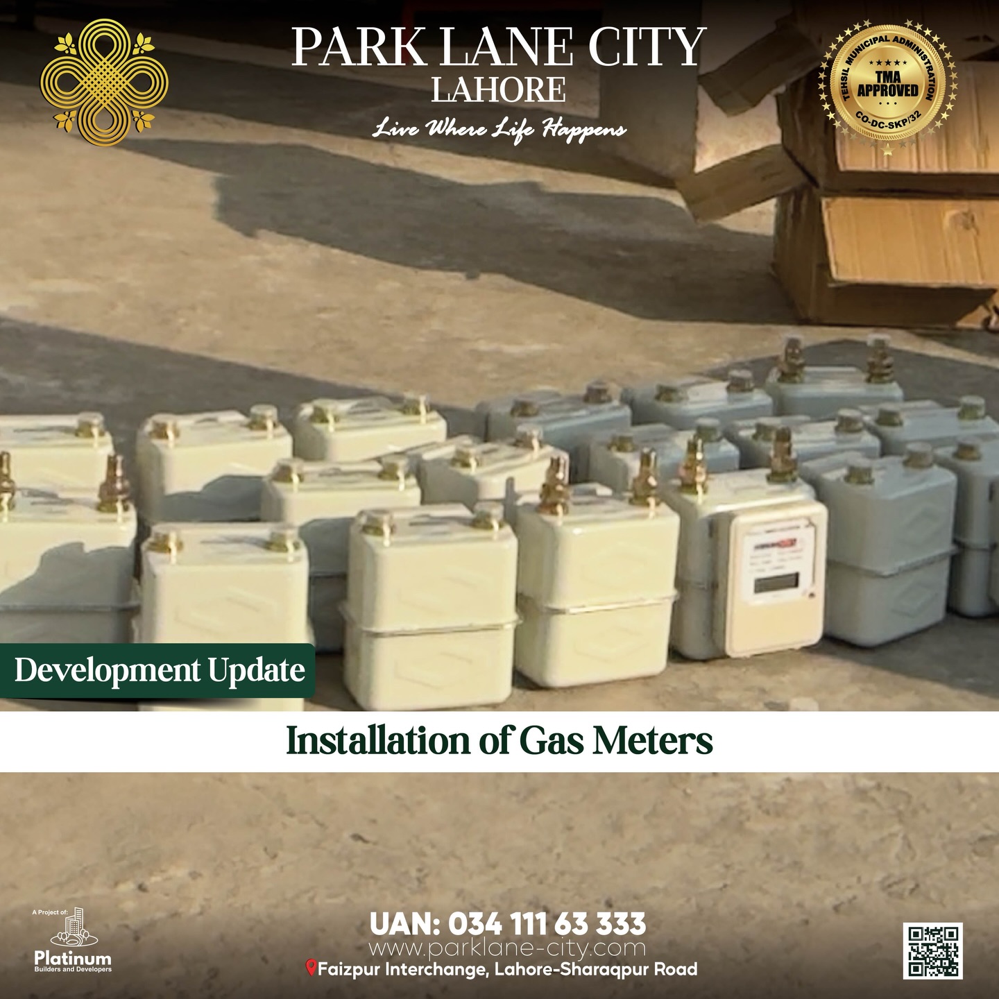 Rows of new SNGDC gas meters stacked before installation — Development Update, Installation of Gas Meters