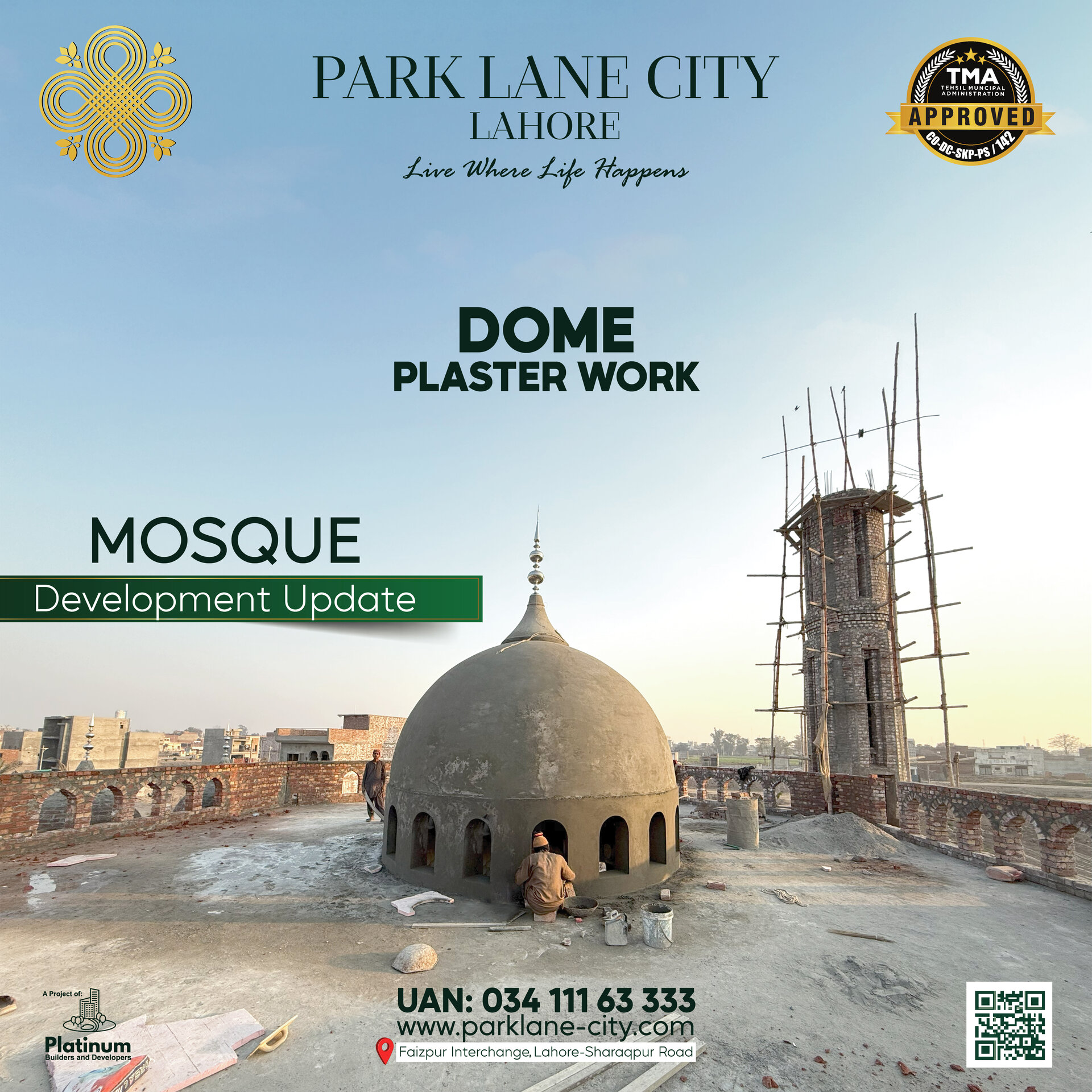 Mosque dome under construction — plaster work being completed, minaret scaffolding visible