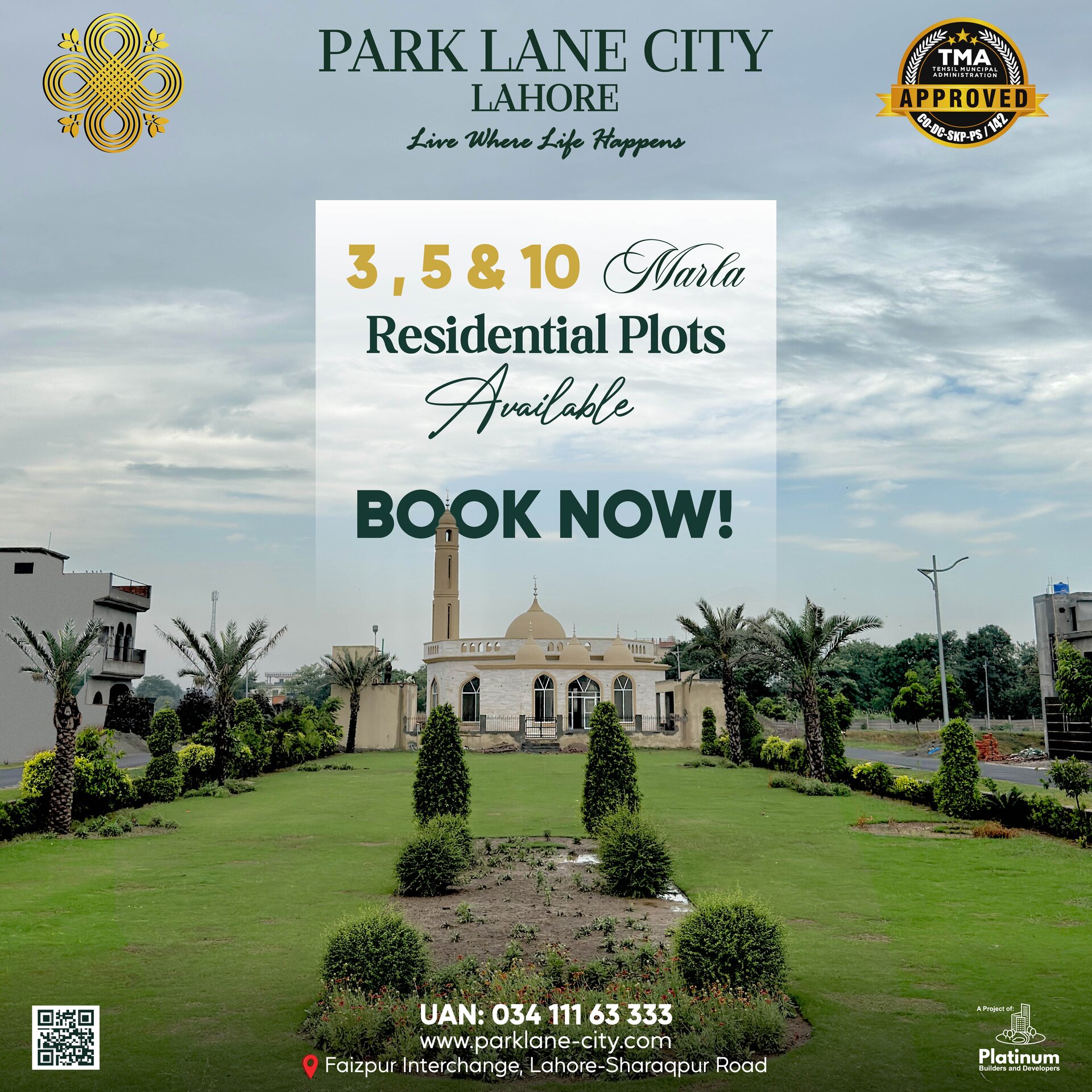 PLC mosque with lush green garden, residential plots available