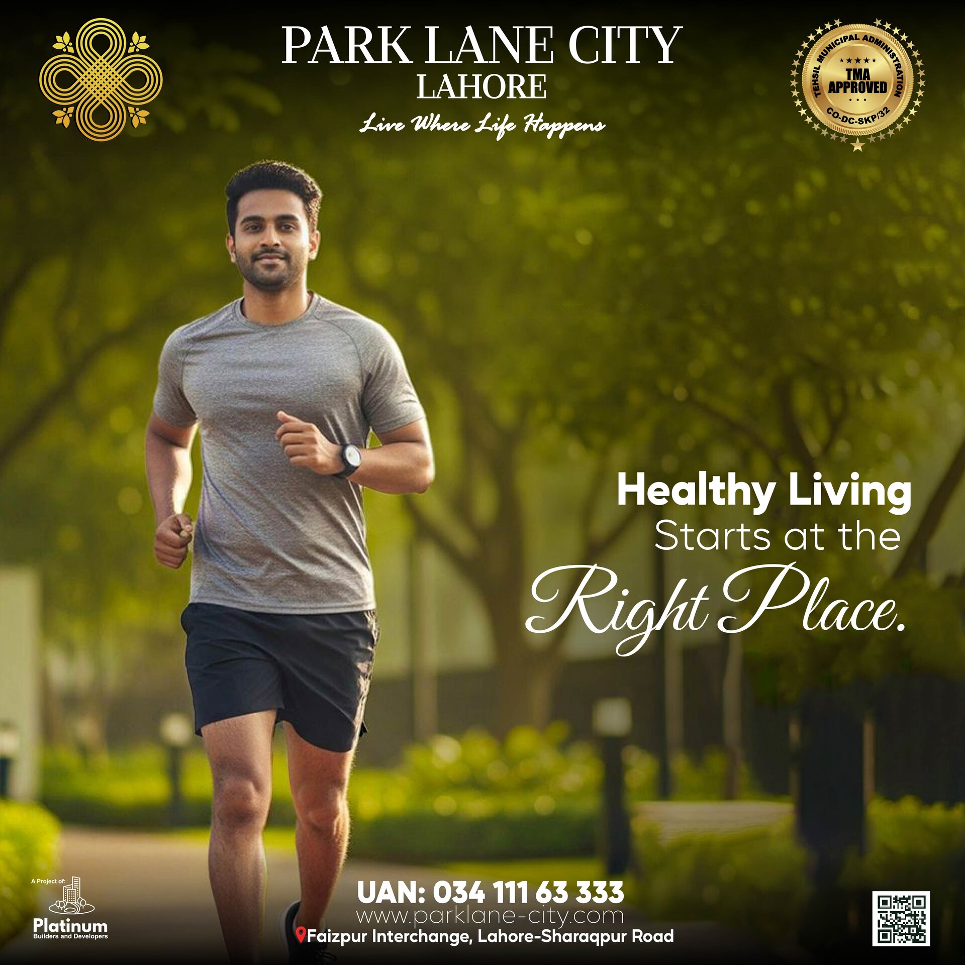 Man jogging through tree-lined park path — Healthy Living Starts at the Right Place